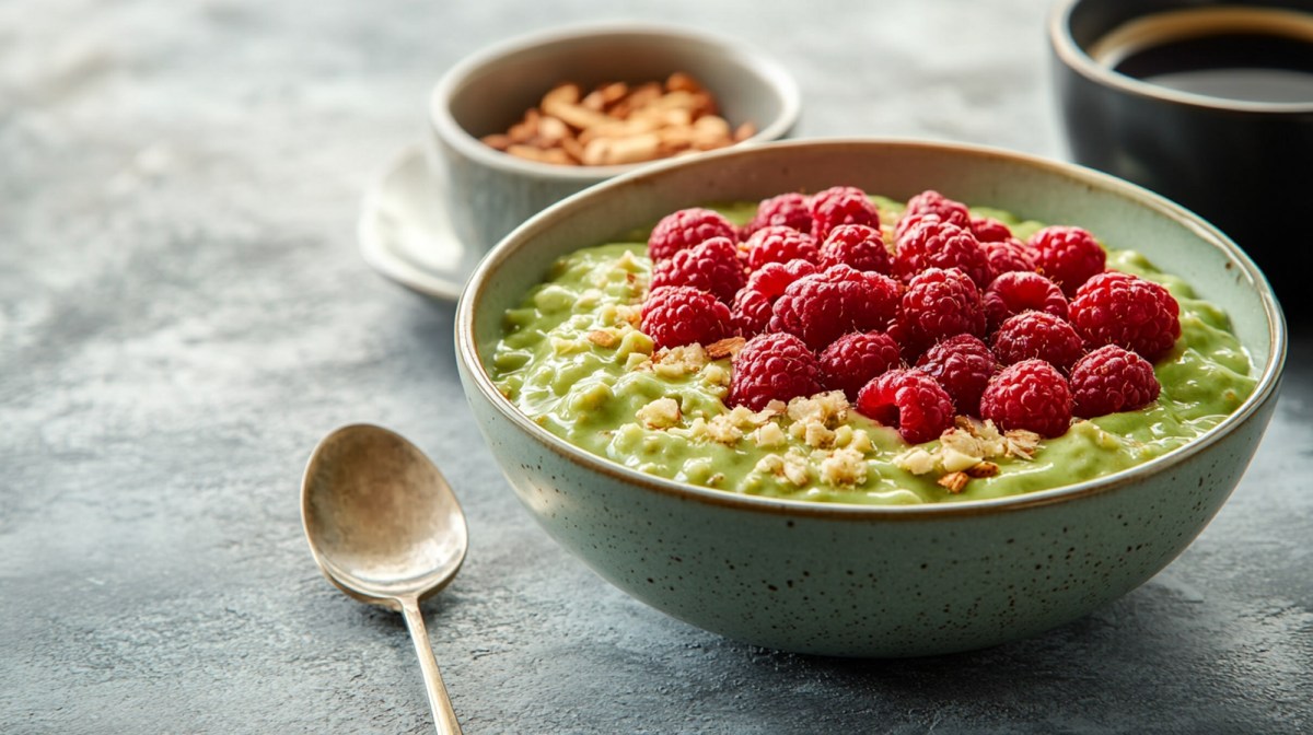 Schale mit Pistazien-Overnight-Oats mit Himbeeren on top und Tasse Kaffee im Hintergrund