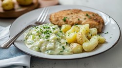 Ein Teller mit Kartoffeln, Schnitzel und Rahmlauch, darauf eine Gabel, daneben eine Stoffserviette.