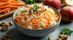 Sauerkraut-Apfel-Salat mit Karotte und Walnüssen in einer Schüssel, im Hintergrund einige Zutaten.