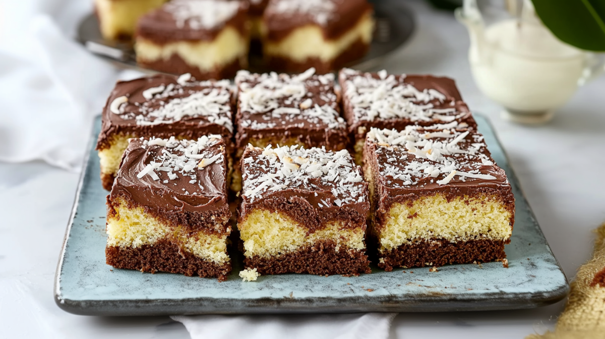 Ein großer rechteckiger Teller mit quadratischen Stücken Schoko-Kokos-Kuchen, die mit einer Schokoladenglasur und Kokosraspeln getoppt sind. Hinter dem Teller kann man einen weiteren Teller erkennen, auf dem Schoko-Kokos-Kuchenstücke liegen. Außerdem kann man ein weißes Tuch sehen, das herum liegt. Und ein Glasgefäß mit Milch oder Sahne ist zu erkennen.