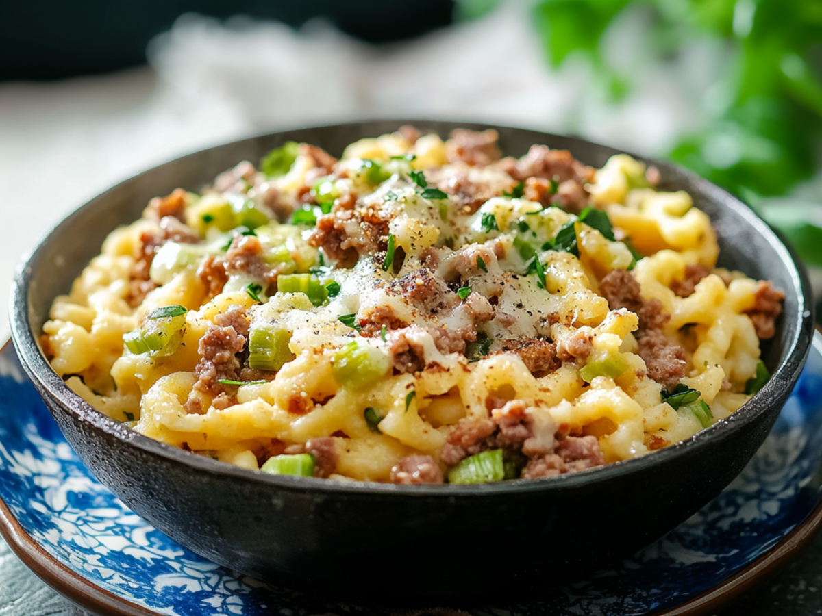 Schnelle Spätzle-Hack-Pfanne mit Lauch und Käse