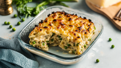 Spätzle-Lauch-Auflauf in einer kleinen Auflaufform. Ein Stück wurde herausgeschnitten. Rechts und links neben dem Auflauf liegen einige Erbsen. Vor dem Auflauf befindet sich ein Küchentuch. Im Hintergrund sieht man ein Holzbrettchen mit einem Stück Käse.