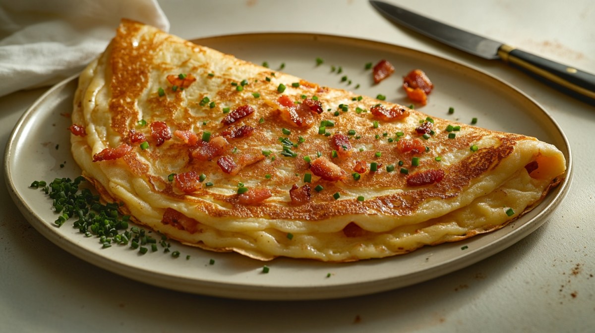 Ein zusammengeklappter Speckpfannkuchen mit Dill auf einem Teller, daneben ein Messer. Nahaufnahme.