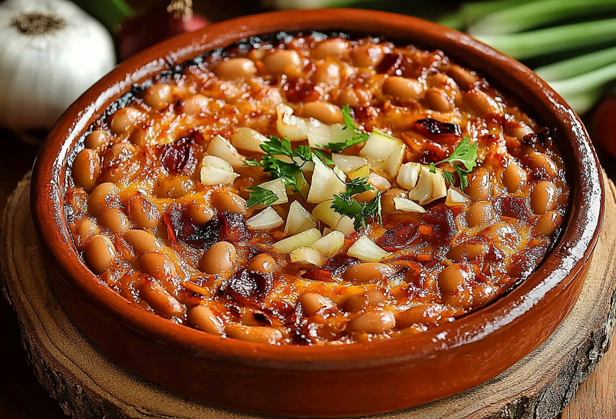 Eine Tonschale mit Tavče gravče: mazedonischen gebackenen Bohnen. Die Bohnen sind mit Zwiebeln bestreue. Drum herum liegen Zutaten.