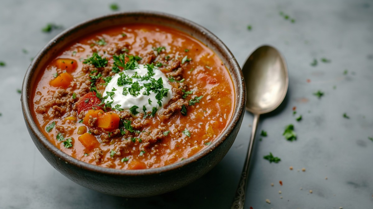 Schale mit Tomaten-Hackfleisch-Suppe, Löffel daneben