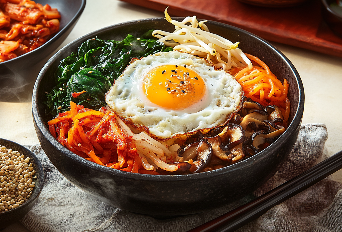 Vegetarisches Bibimbap in einer schwarzen Schale. Das Topping besteht aus Spinat, Mungobohnensprossen, Karotten, Shiitake-Pilzen und Kimchi. In der Mitte liegt ein mit Sesamkörnern bestreutes Spiegelei. Links im Bild steht eine Schale mit Sesamkörnern. Links im Hintergrund steht eine Schale mit Kimchi. Rechts der Bibimbapschale liegen zwei Essstäbchen.