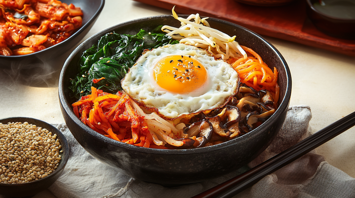 Vegetarisches Bibimbap in einer schwarzen Schale. Das Topping besteht aus Spinat, Mungobohnensprossen, Karotten, Shiitake-Pilzen und Kimchi. In der Mitte liegt ein mit Sesamkörnern bestreutes Spiegelei. Links im Bild steht eine Schale mit Sesamkörnern. Links im Hintergrund steht eine Schale mit Kimchi. Rechts der Bibimbapschale liegen zwei Essstäbchen.