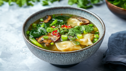 Eine Schüssel mit asiatischer Maultaschensuppe, die Maultaschen, Pak Choi, Zuckerschoten und geratene Champignons enthält. Die Suppe ist mit Chili, frischem Koriander und Frühlingszwiebeln garniert. Neben der Schüssel ist ein blaues Küchenhandtuch platziert. Im Hintergrund steht eine Holzschale mit Grünzeug. Außerdem sind im Hintergrund frische Kräuter zusehen.