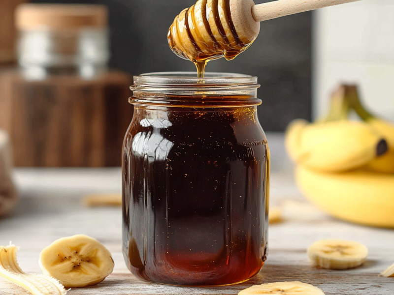 Bananenschalen-Sirup in einem Glas. Drum herum liegen Bananenstücke und -schalen.