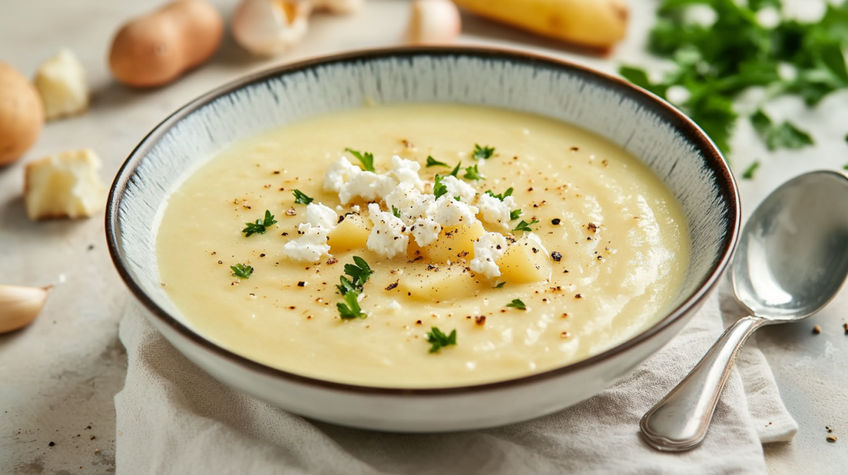 Eine Schüssel Feta-Kartoffel-Suppe, garniert mit Feta und Petersilie.