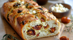 Ein angeschnittenes Feta-Tomaten-Brot.