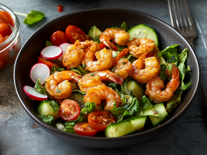 Eine Schüssel mit Garnelen-Mangoldsalat auf einem grauen Untergrund. Rechts neben dem Salat liegt eine Gabel sowie eine Schale mit Chilisoße. Links im Bild steht ein Glas mit Tomaten sowie ein weiteres Schälchen Chilisoße.