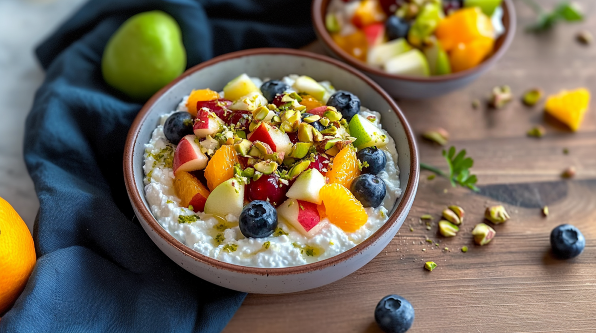 Eine Schüssel mit Hüttenkäse mit Obstsalat. Das Ganze ist mit gehackten Pistazien garniert. Der Obstsalat besteht aus Trauben, Apfel- und Orangenstücken und Blaubeeren. Die Schüssel steht auf einer Holzoberfläche, daneben liegt ein blaues Küchenhandtuch. Im Hintergrund kann man eine weitere Schüssel mit Hüttenkäse und Obstsalat sehen. Um die Schüsseln herum liegen einzelne Blaubeeren, ein Apfel, eine Orange und gehackte Pistazien.