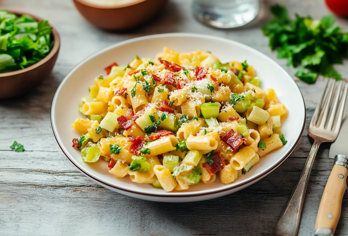 Eine Portion karamellisierte Lauch-Pasta in einem weißen Teller auf einem hölzernen Untergrund. Links neben dem Teller steht eine Schale mit weiterem Lauch. Rechts neben dem Teller liegen Messer und Gabel.