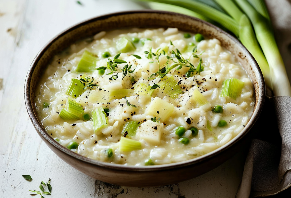 Eine Schüssel Lauch-Risotto, garniert mit Kräutern. Daneben liegen einige Stangen Lauch.