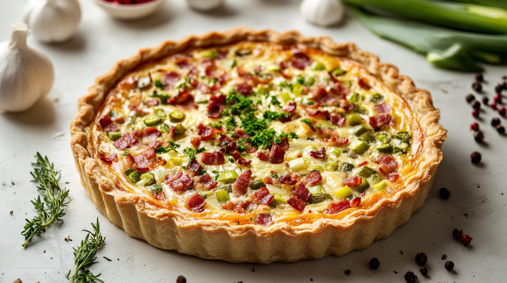 Quiche ganz klassisch: Lauch-Speck-Quiche mit Schmand und saurer Sahne