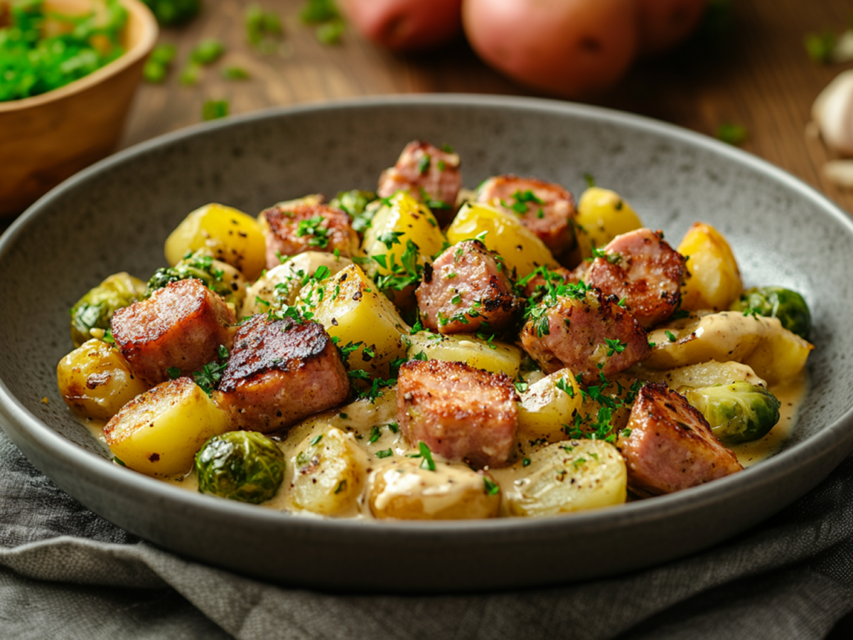 Leberkäse, Rosenkohl und Kartoffeln: rustikaler Pfannen-Genuss