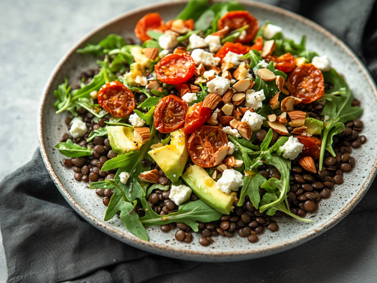 Linsen-Rucola-Salat mit getrockneten Tomaten und Feta: perfekt als Büro-Lunch