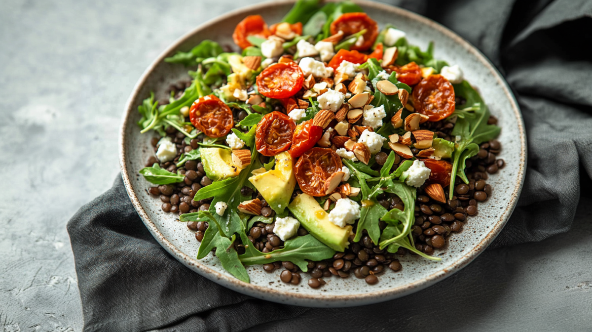 Ein großer Teller mit Linsen-Rucola-Salat mit getrockneten Tomaten und Feta. Der Salat ist mit gehackten, gerösteten Mandeln getoppt. Der Teller steht auf einem dunkelgrauen Küchenhandtuch.