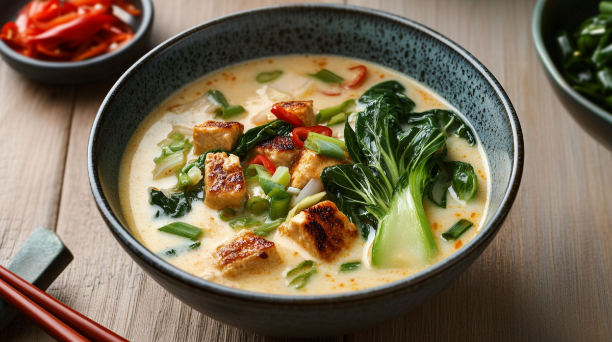 Eine Schüssel Pak Choi-Kokossuppe steht auf einem Holztisch. Vorne links im Bild liegen Essstäbchen. Links im Hintergrund sieht man eine Schale mit geschnittener Paprika. Rechts im Bild sieht man noch grüne Ringe von Frühlingszwiebeln.