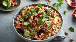 Eine große Schüssel Reissalat mit Granatpfelkernen. Er ist mit Gurken, Cashewkernen, Minzblättern und Oliven angerichtet. Rechts von der Schüssel liegt ein helles Tuch sowie einige Minzblätter und Cashekerne. Am rechen Rand des Bilder sieht man einen aufgeschnittenen Granatapfel. Links steht eine kleine Schüssel mit Limettenspalten, Minze, Cashekernen und Granatapfelkernen.