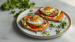 Ein Teller mit zwei Spiegelei auf Süßkartoffel-Toasts. Die Süßkartoffel-Toasts sind mit Hummus bestrichen, dann mit Tomate und Avocado belegt und jeweils mit einem Spiegelei getoppt. Das Ganze ist mit frischer gehackter Petersilie und Sesam garniert. Im Hintergrund liegt ein Bund frischer Petersilie.