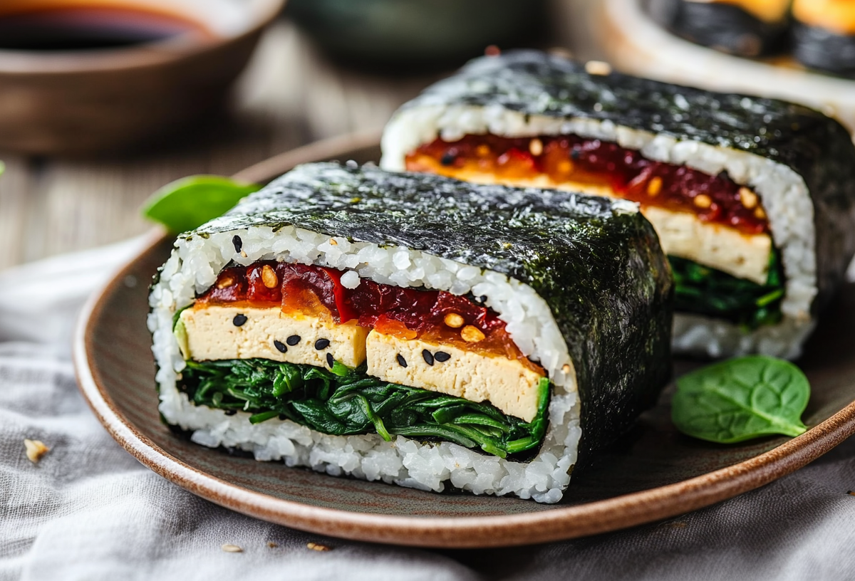 Zwei Onigirazu Sushi Sandwiches liegen auf einem braunen Teller. Sie sind mit getrockneten Tomaten, Tofu und frischem Spinat gefüllt. Der Teller steht auf einem grauen Küchentuch. Links im Bild sieht man noch eine Schale Spinat. Im Hintergrund sieht man eine Schale mit Sojasoße.