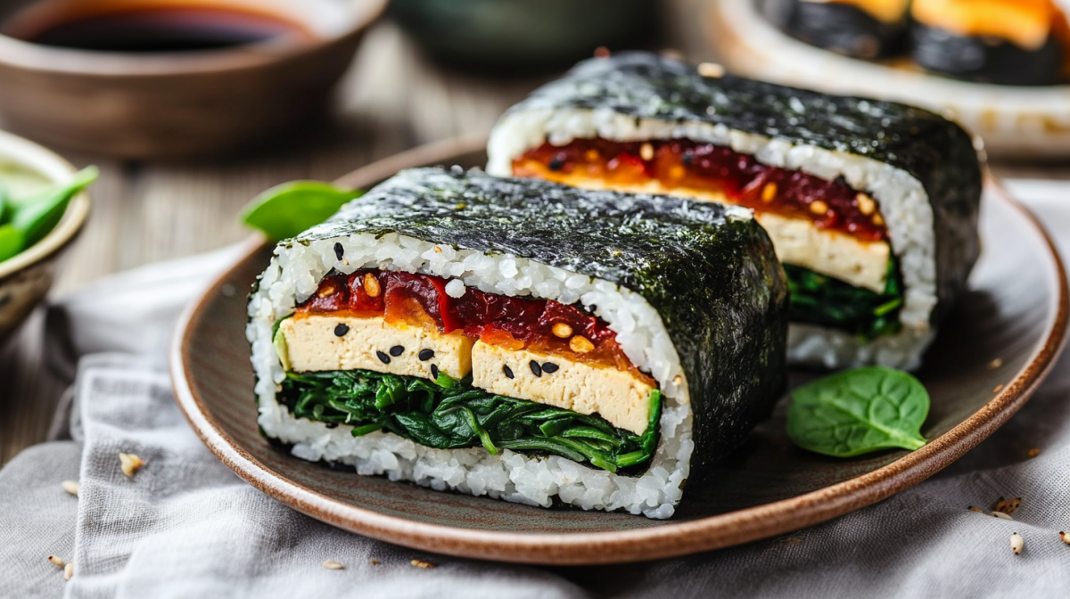 Zwei Onigirazu Sushi Sandwiches liegen auf einem braunen Teller. Sie sind mit getrockneten Tomaten, Tofu und frischem Spinat gefüllt. Der Teller steht auf einem grauen Küchentuch. Links im Bild sieht man noch eine Schale Spinat. Im Hintergrund sieht man eine Schale mit Sojasoße.