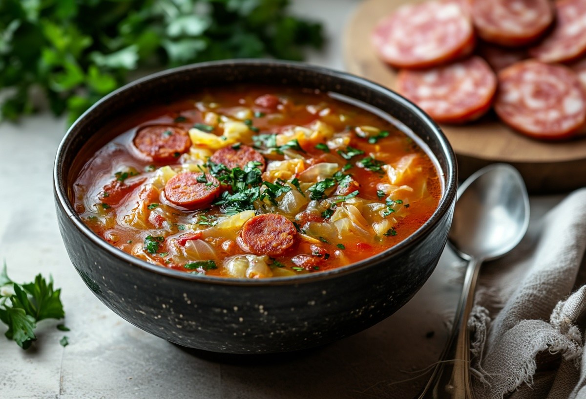 Eine Schüssel Korhelyleves, ungarische Sauerkrautsuppe mit Chorizo, bestreut mit Petersilie. Drumherum Chorizo, ein Löffel, eine Serviette und Petersilie.