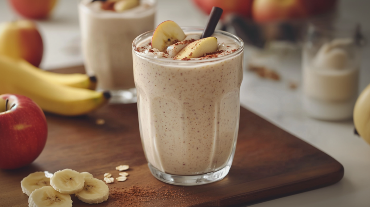 Ein Glas mit veganem Müslidrink steht auf einem Schneidebrett. Im Hintergrund sieht man ein weiteres Glas Müslidrink sowie zwei Bananen.