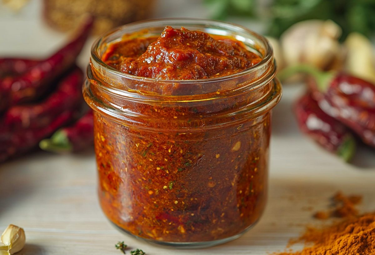 Harissa selbst machen: ein Glas selbstgemachtes Harissa neben den Zutaten.