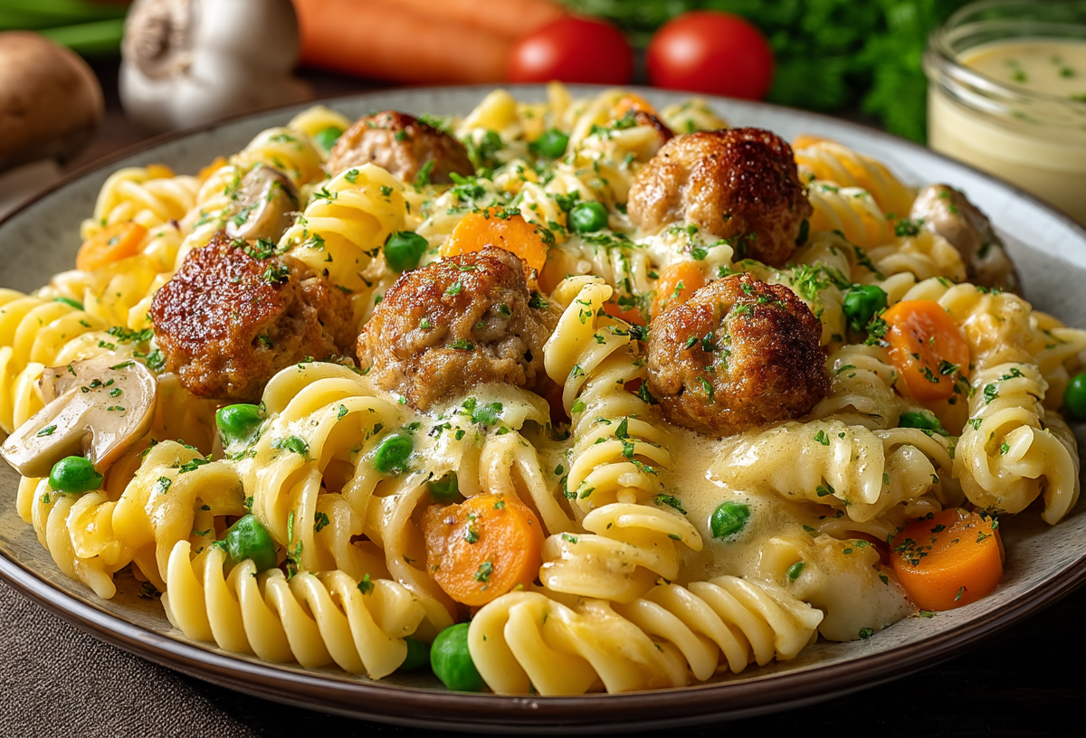 Ein Teller Wikingernudeln mit Fleischklößchen, Möhren, Erbsen, Champignons und Sahnesoße.