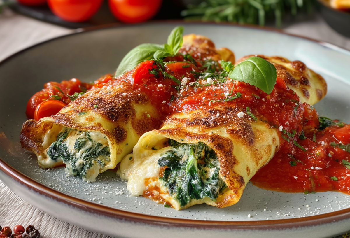 Zwei Crespelle mit Spinat-Ricottafüllung auf einem grauen Teller. Sie sind mit etwas Tomatensoße übergossen und mit frischen Basilikum serviert. Vor dem Teller liegen einige Pfefferkörner. Im Hintergrund sieht man Tomaten und frische Kräuter.