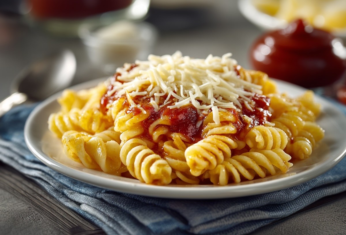 Ein Teller Fussili mit DDR-Tomatensoße und geriebenem Käse, der auf einer Serviette steht. Daneben ein Löffel.