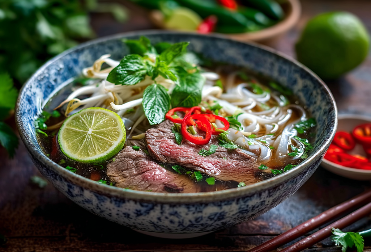 Eine Schüssel Pho Bo auf dunklem Untergrund. Die Suppe ist mit Reisbandnudeln, Koriander, Rindfleisch, Chili und einer Limettenscheibe angerichtet. Im Hintergrund liegen weitere frische Kräuter, eine Limette und eine Schale mit Chili.