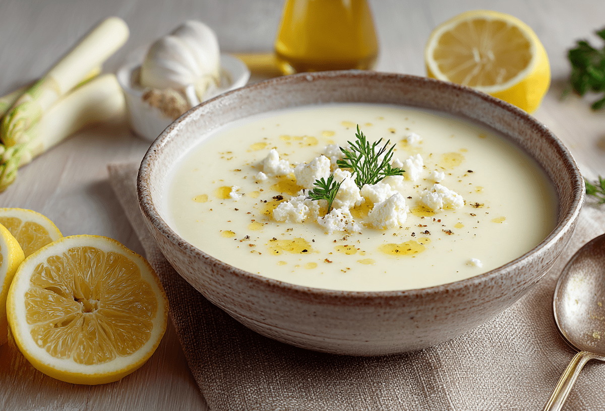 Eine Schale Spargel-Zitronen-Suppe mit Feta. Drum herum liegen Knoblauch, Zitronen und Spargel.