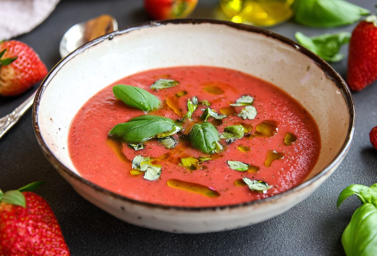 Eine Schale Erdbeer-Gazpacho, garniert mit Olivenöl und Basilikum.