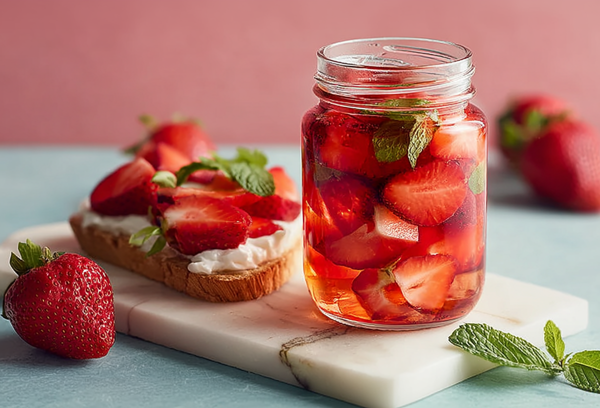 Ein geöffnetes Glas mit Erdbeer-Pickles steht auf einem Brett. Ein Brot mit Erdbeerscheiben daneben. Einzelne Erdbeeren und Minzblätter als Deko daneben.