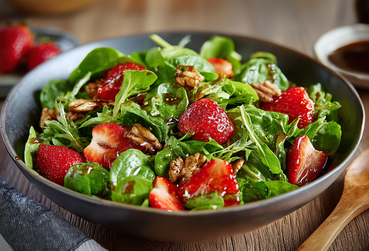 Feldsalat mit Balsamico-Erdbeeren und Walnüssen in einer grauen Schüssel. Daneben liegt ein Holzlöffel.