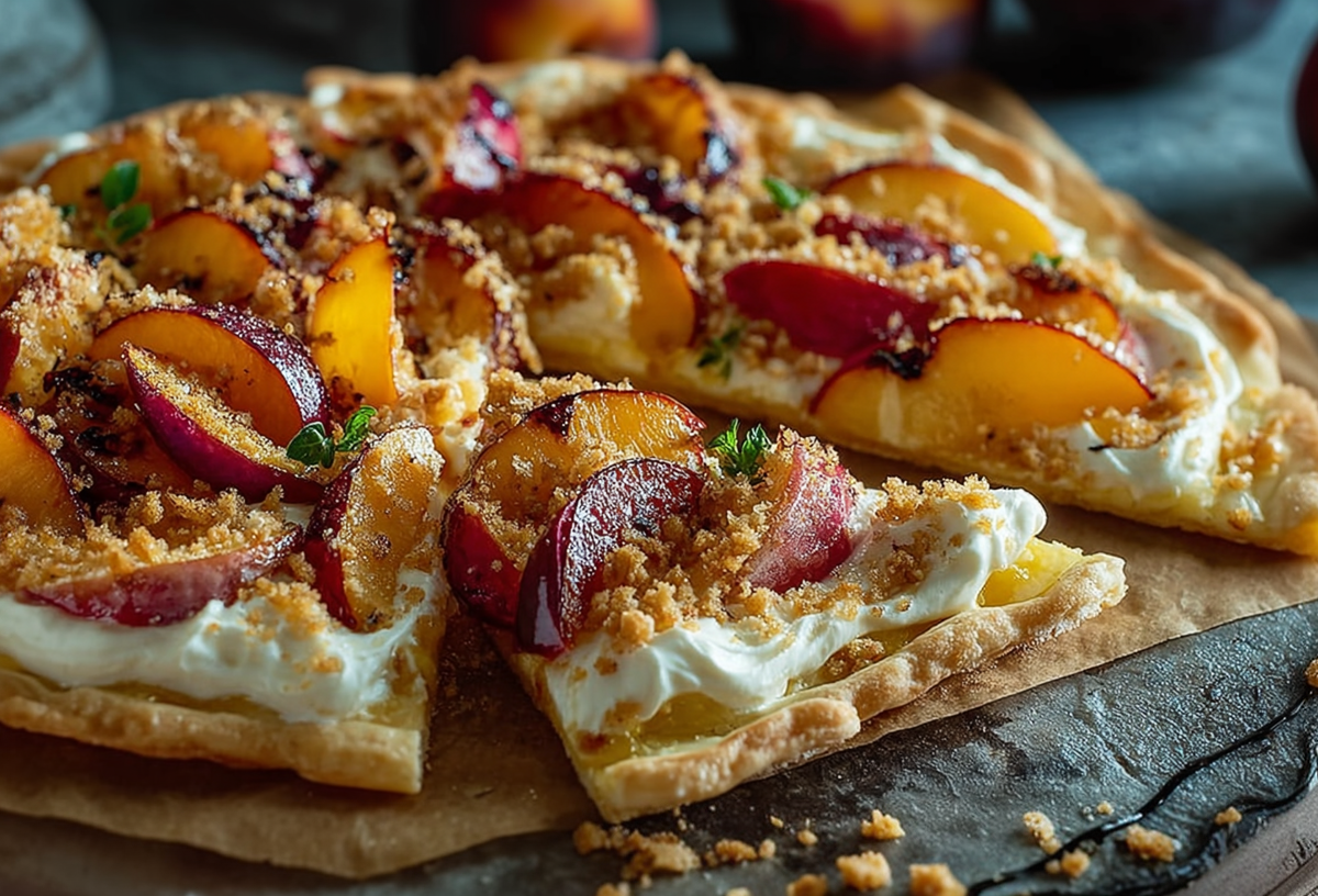 Flammkuchen mit Nektarinen und Streuseln auf einem Brett.