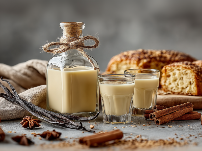Eine Flasche Franzbrötchenlikör steht auf grauem Untergrund. Daneben stehen zwei Shotgläser mit dem Likör. Im Hintergrund liegen eine Brotstücke. Um die Flasche und Gläser herum liegen Zimtstangen, Vanilleschoten, Sternanis und ein Küchentuch verteilt.