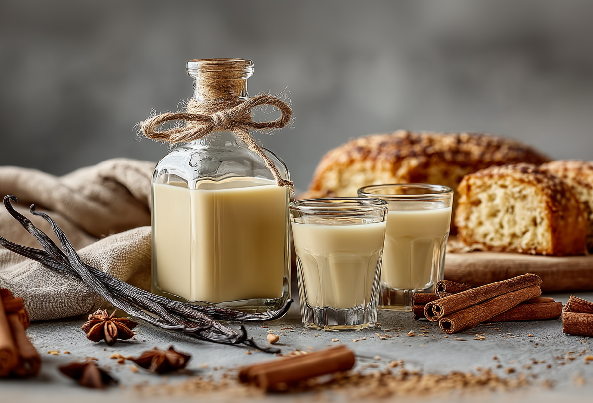 Eine Flasche Franzbrötchenlikör steht auf grauem Untergrund. Daneben stehen zwei Shotgläser mit dem Likör. Im Hintergrund liegen eine Brotstücke. Um die Flasche und Gläser herum liegen Zimtstangen, Vanilleschoten, Sternanis und ein Küchentuch verteilt.