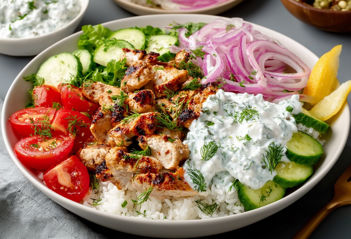 Eine Hähnchen-Tzaziki-Bowl mit zartem Fleisch und knackigem Gemüse. Daneben liegt eine Gabel.
