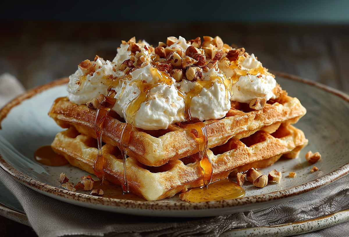 Zwei Haselnusswaffeln auf einem grauen Teller. Sie sind mit Vanillecreme, Honig und gerösteten Haselnüssen garniert.