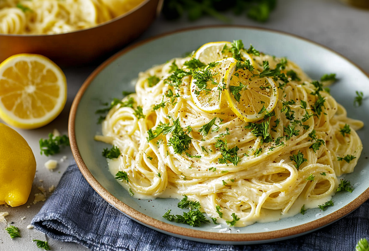 Ein Teller mit cremiger One Pot Lemon Pasta, garniert mit Zitronenscheiben und frischer Petersilie. Zitronen liegen neben dem Teller, im Hintergrund ist ein Topf zu sehen.