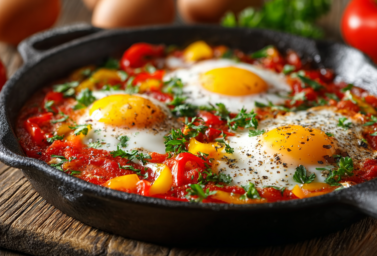 Eine Gusseisenpfanne mit Piperade. Drum herum liegen frische Zutaten.