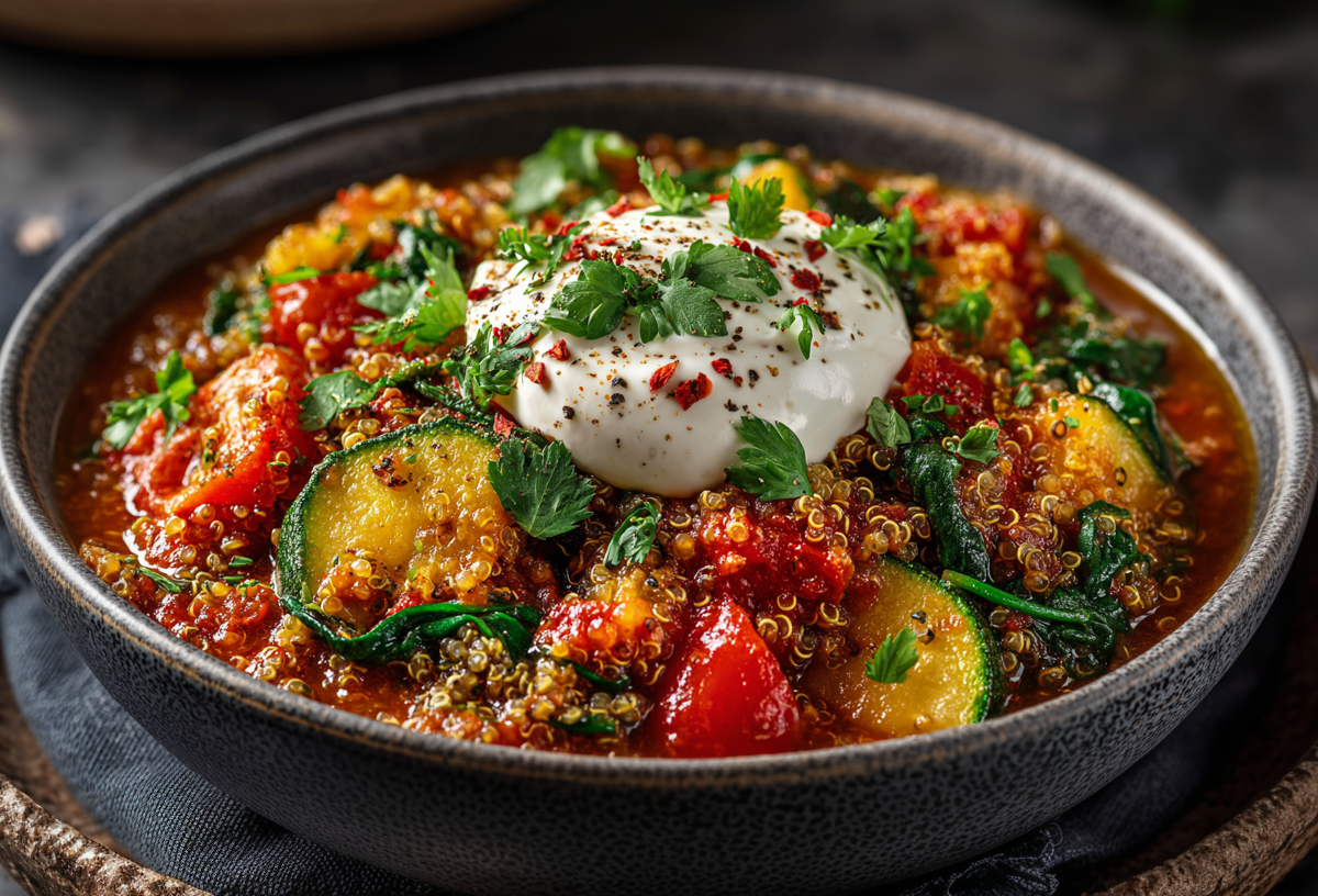 Quinoa-Zucchini-Eintopf in einer grauen Schüssel auf einem braunen Unterteller. Der Eintopf ist mit frischer Petersilie und einem Klecks Joghurt garniert.