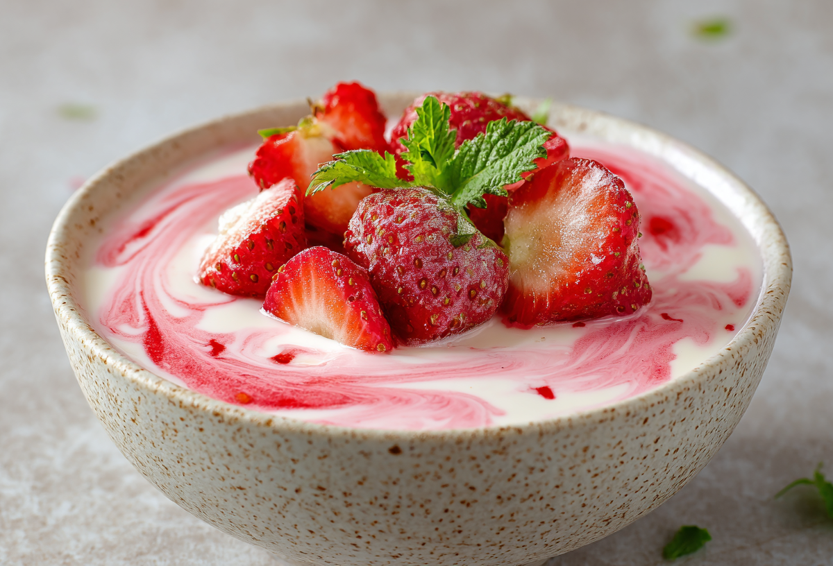 Eine Schale Stippmilch mit Erdbeeren auf grauem Untergrund.