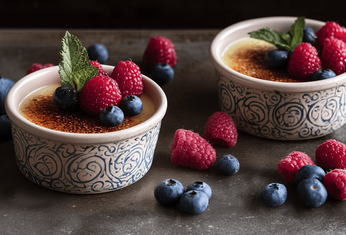 Yoghurt-Brulée mit Beeren, serviert in zwei Schälchen. Dekoriert mit frischen Beeren und frischer Minze.