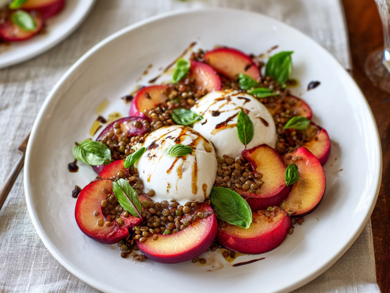 Burrata zu jeder Tageszeit: zum Beispiel mit Pflaumen und Linsen